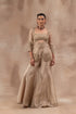 Beige gold silk bustier set with flare tissue flare panel pants and organza jacket